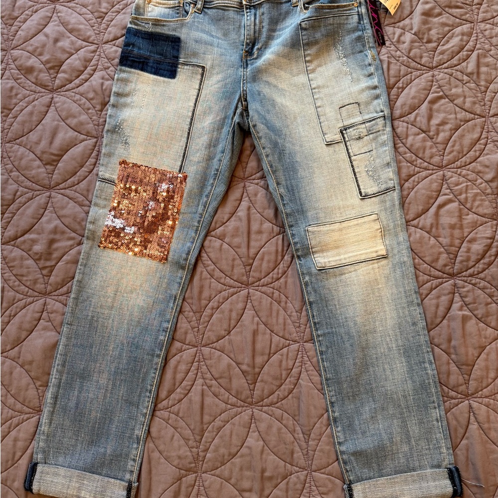 INC Denim Patchwork Sequin Boyfriend Jeans NWT